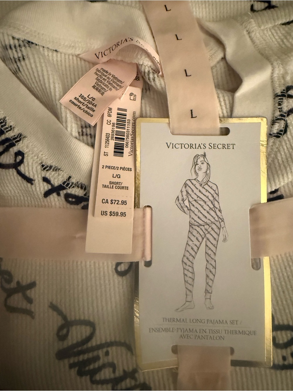 Victoria's Secret White Thermal Pajama Set with Black Script - Picture 2 of 2